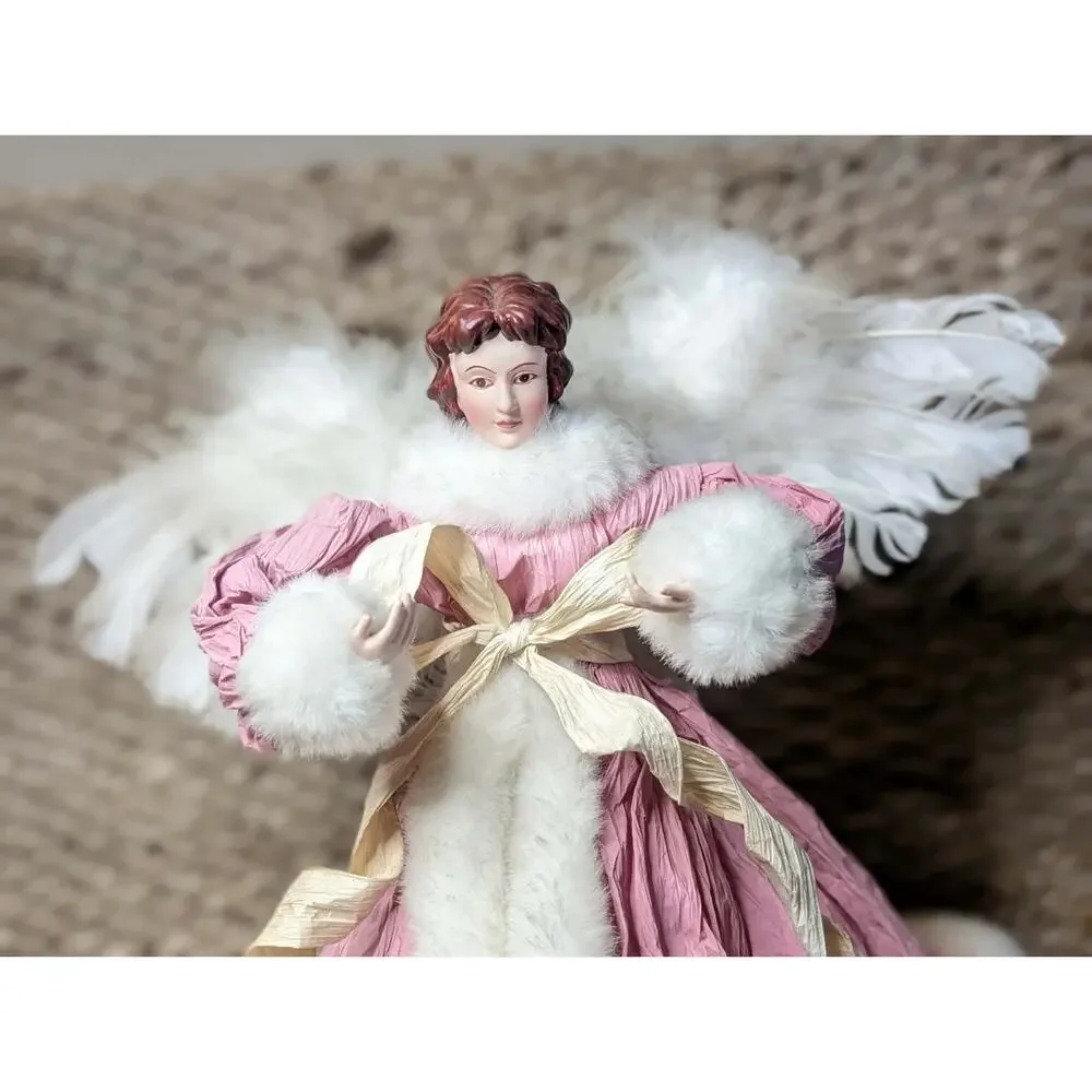 Christmas Pink Shabby Chic Faux Fur Feathers Victorian Angel Tree Topper 16